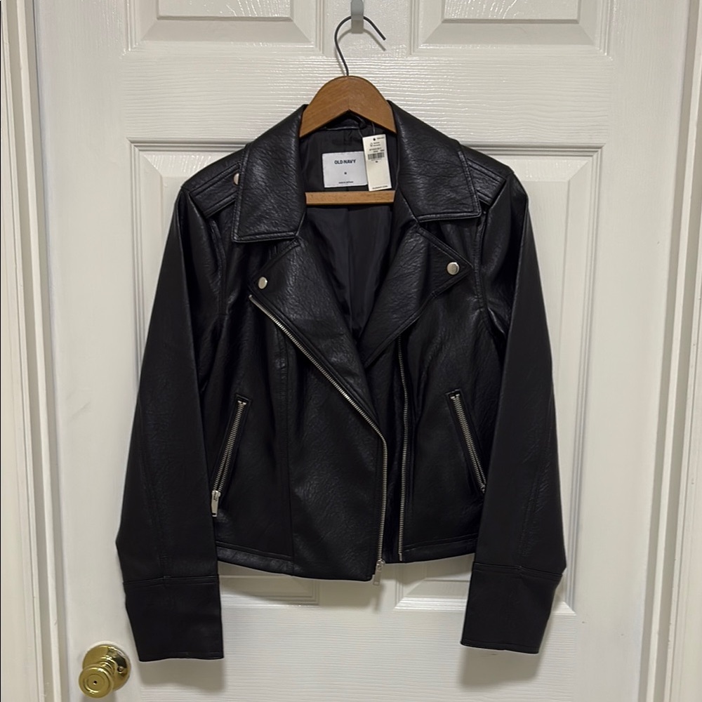 Old Navy Black Leather Jacket Asymmetrical Zippers